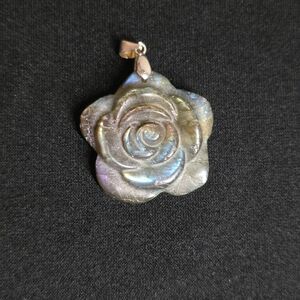 Vintage Labradorite Necklace Pendant MARKED 925 STERLING SILVER Carved Flower